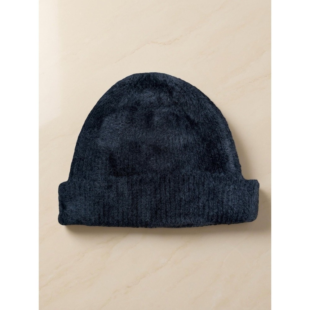 Black Faux Fur Beanie Hat Soft Winter Minimal‎